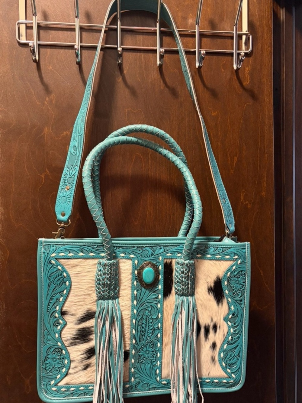 Turquoise Tooled Leather & Cowhide Tote Bag